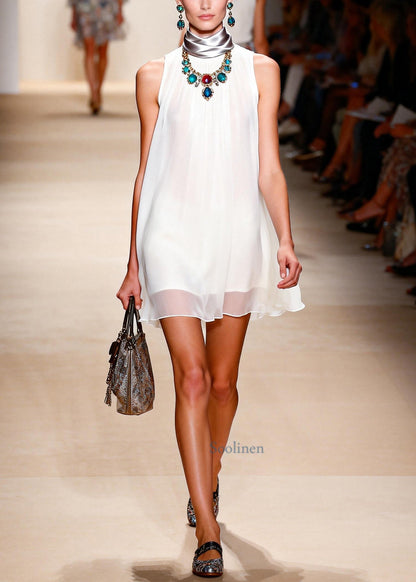 White Chiffon Tea Dress Oversized Draping Sleeveless