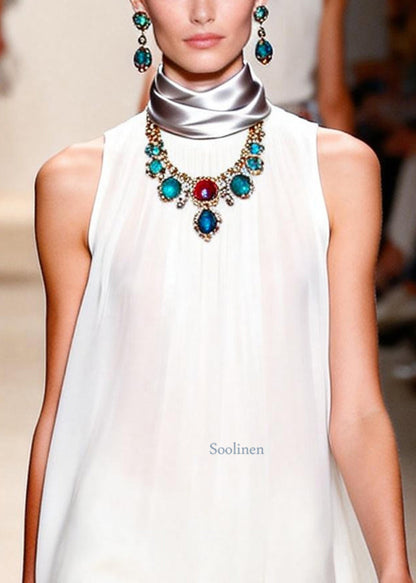 White Chiffon Tea Dress Oversized Draping Sleeveless
