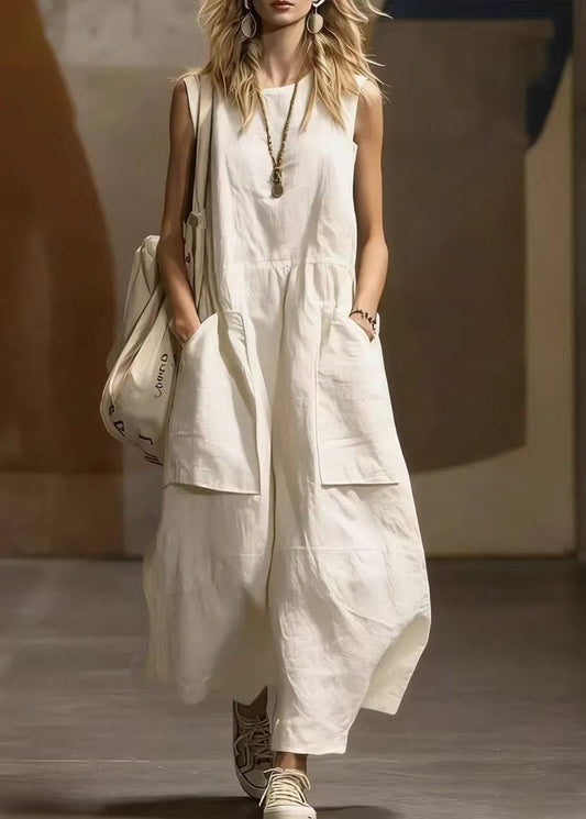 White Cotton Long Dress O-Neck Pockets Summer