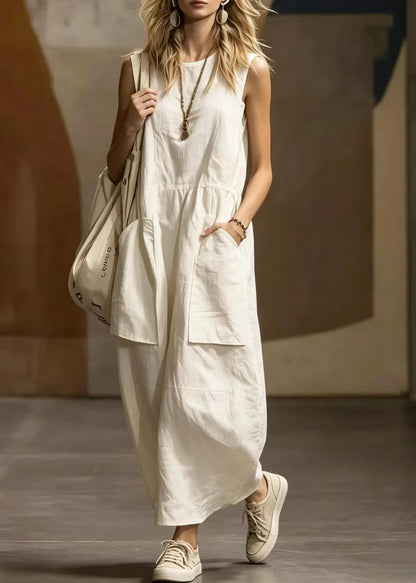 White Cotton Long Dress O-Neck Pockets Summer