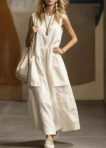 White Cotton Long Dress O-Neck Pockets Summer