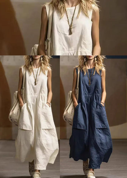 White Cotton Long Dress O-Neck Pockets Summer