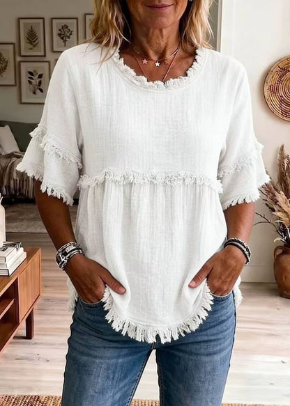 White Cotton Shirt Top O-Neck Tassel Summer