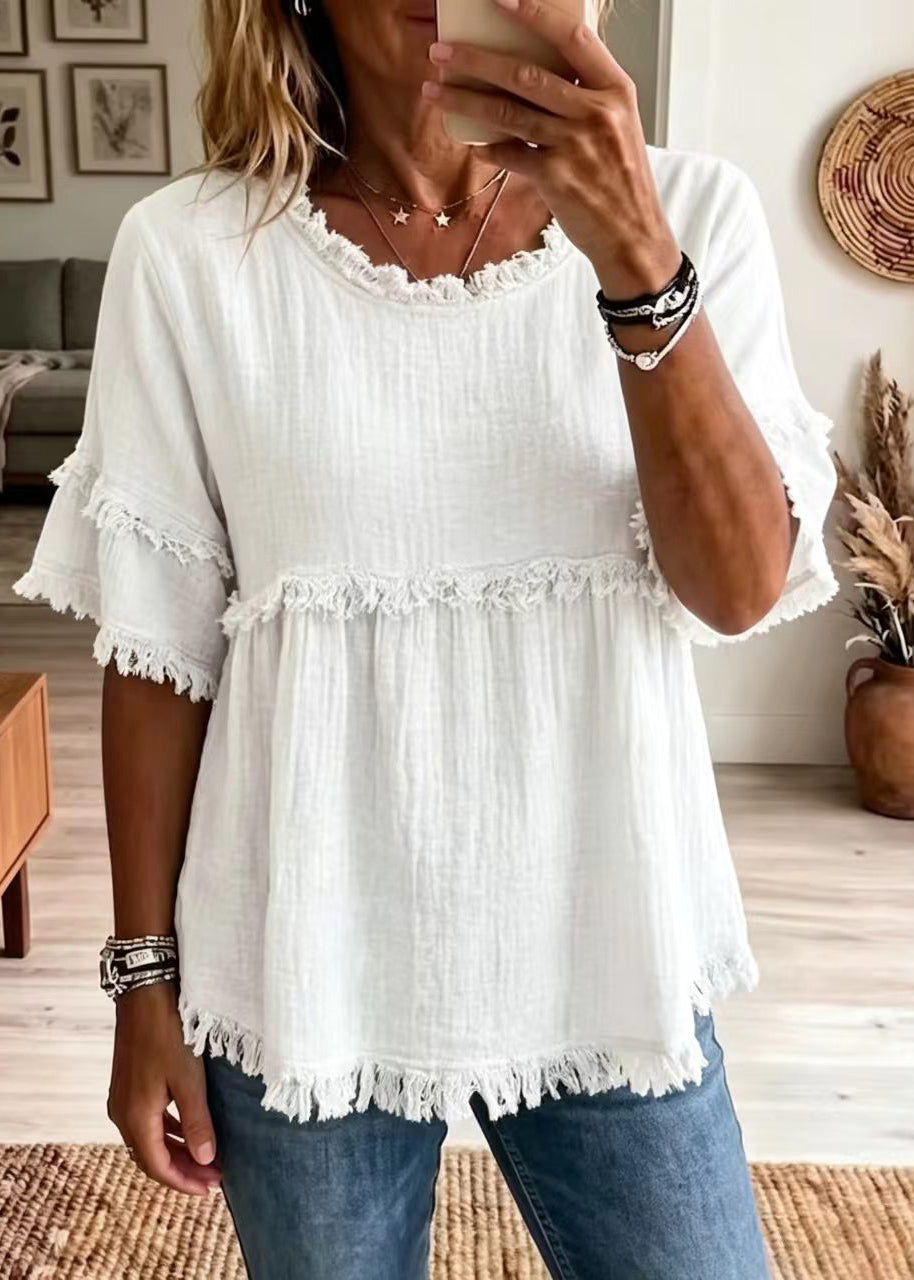 White Cotton Shirt Top O-Neck Tassel Summer