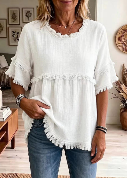 White Cotton Shirt Top O-Neck Tassel Summer