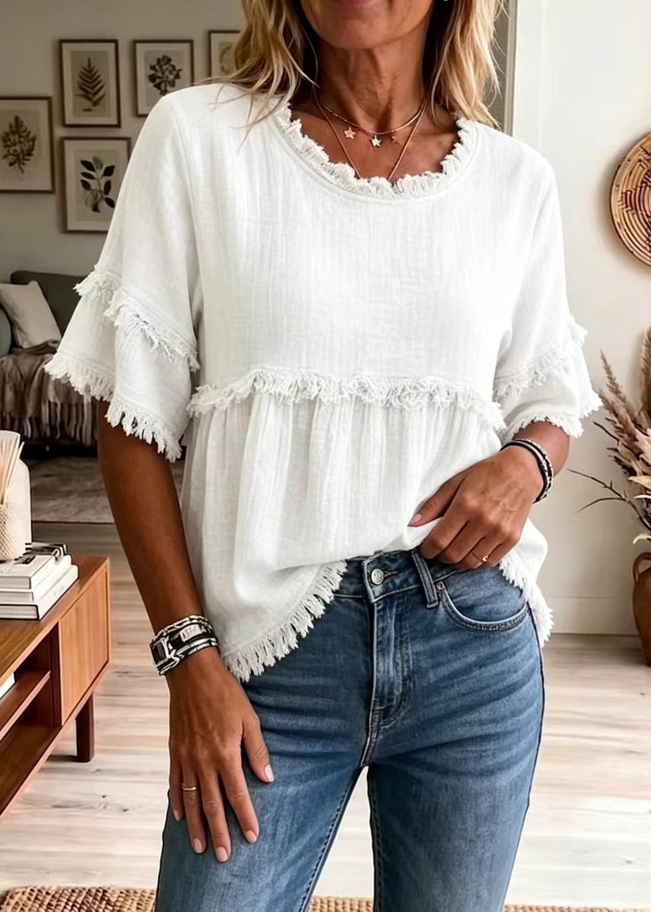 White Cotton Shirt Top O-Neck Tassel Summer