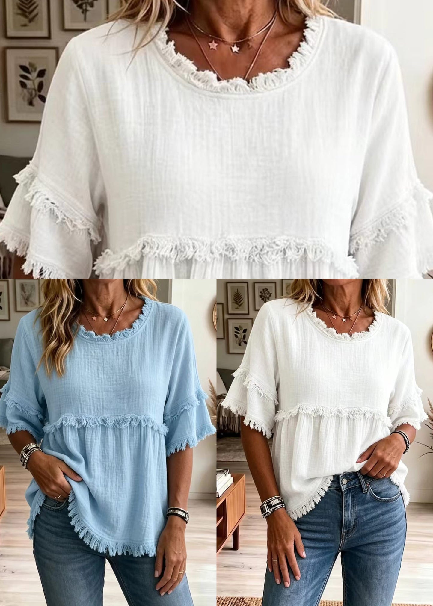 White Cotton Shirt Top O-Neck Tassel Summer