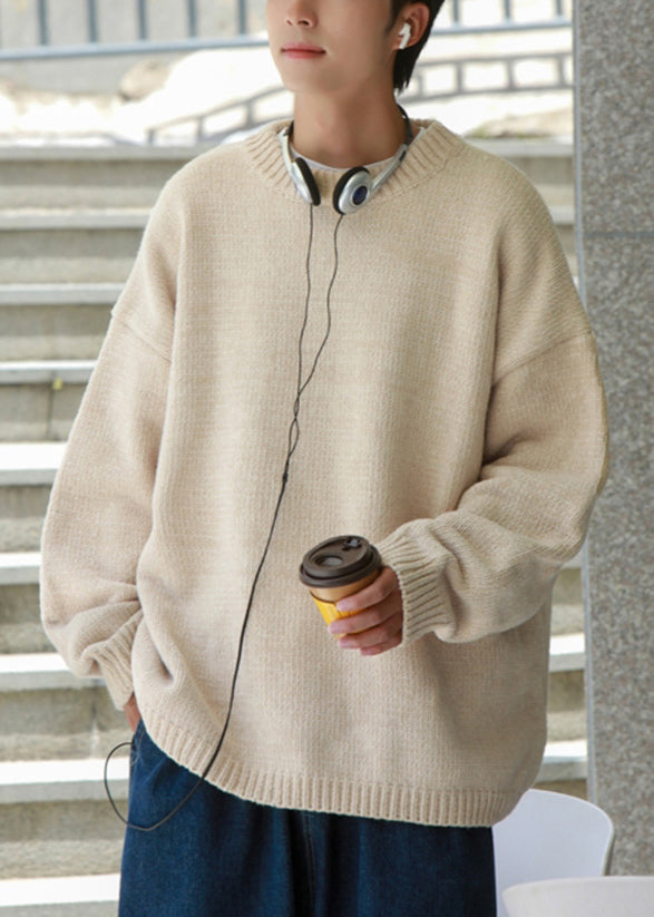 White Cozy Thick Knit Fall Men Sweaters O Neck