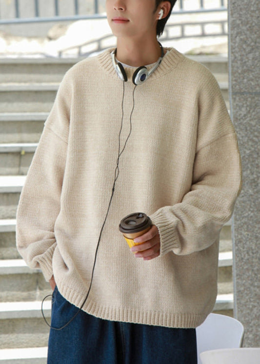 White Cozy Thick Knit Fall Men Sweaters O Neck