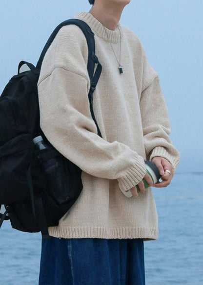 White Cozy Thick Knit Fall Men Sweaters O Neck