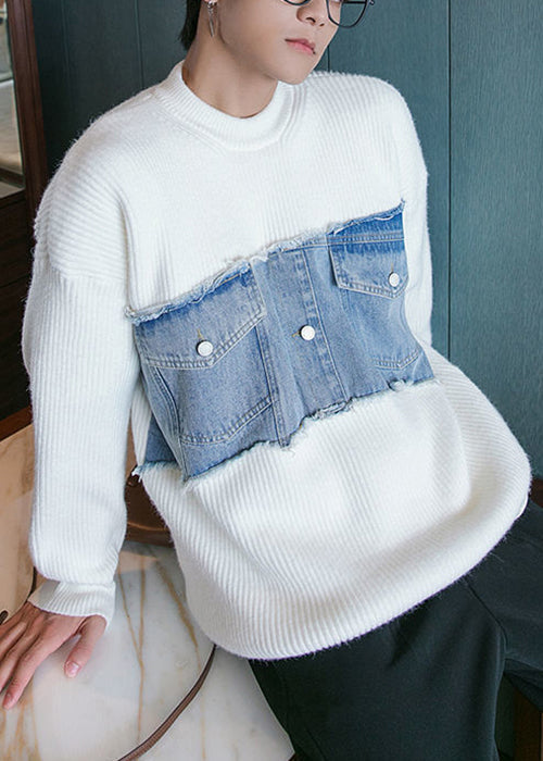 White Denim Original Design Patchwork Knit Mens Sweaters O Neck