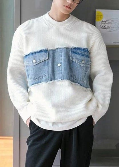 White Denim Original Design Patchwork Knit Mens Sweaters O Neck