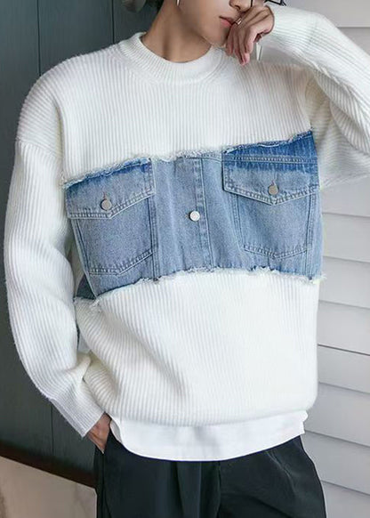 White Denim Original Design Patchwork Knit Mens Sweaters O Neck