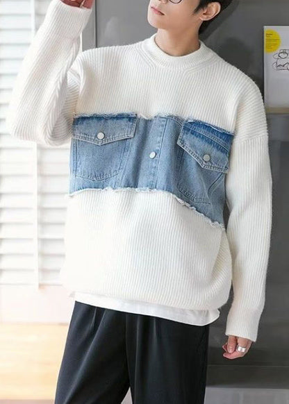 White Denim Original Design Patchwork Knit Mens Sweaters O Neck