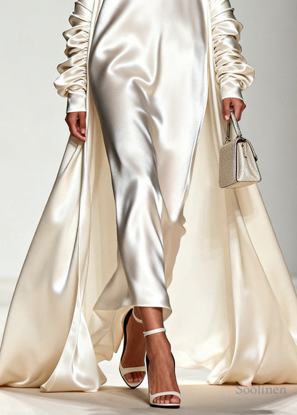 White Draping Silk Vacation Dresses V Neck Exra Large Hem Summer