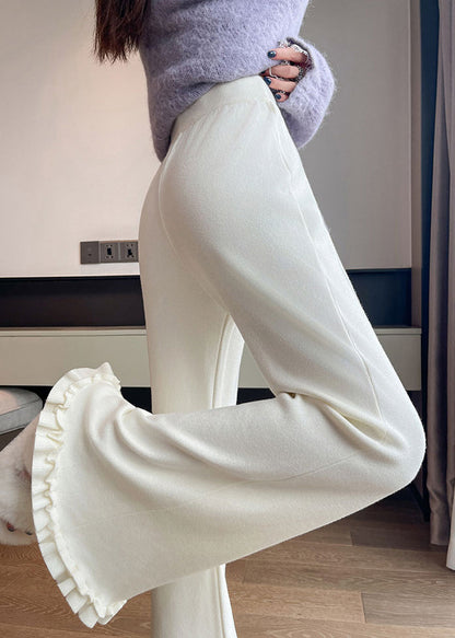 White Elastic Waist Knit Flared Trousers Ruffled
