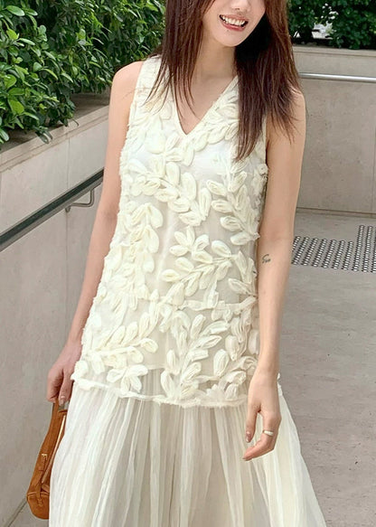 White Floral Solid Tulle Tops Summer