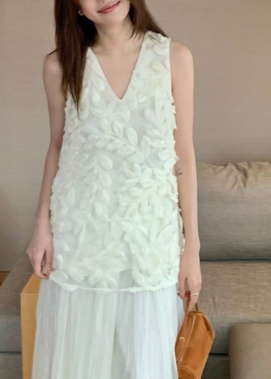 White Floral Solid Tulle Tops Summer