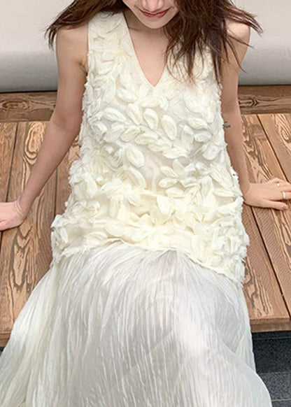 White Floral Solid Tulle Tops Summer