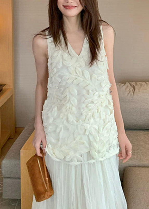 White Floral Solid Tulle Tops Summer
