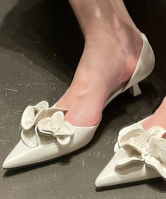 White Floral Splicing Women Kitten Heels Shoes Pointed Toe