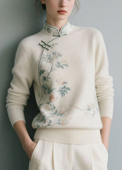 White Floral Thick Knit Sweater Stand Collar Winter
