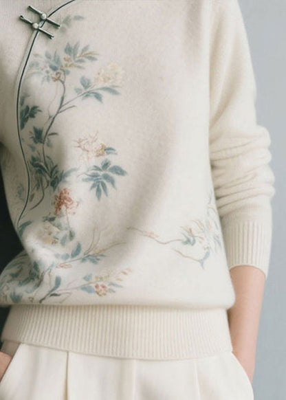 White Floral Thick Knit Sweater Stand Collar Winter
