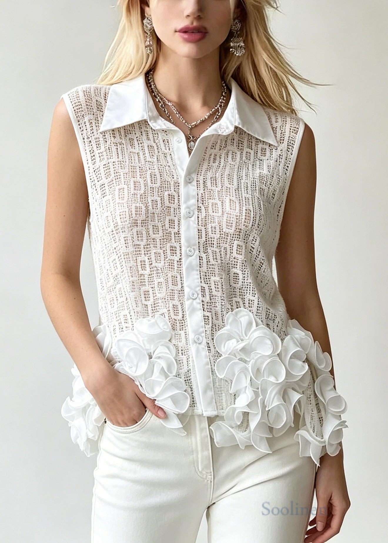 White Floral Tulle Shirt Tops Hollow Out Sleeveless