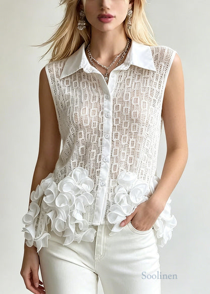 White Floral Tulle Shirt Tops Hollow Out Sleeveless