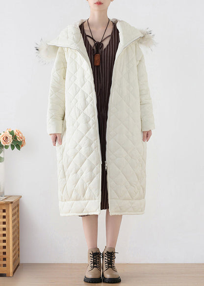 Weißer Pelzkragen Reißverschluss Dicker Parka mit Kapuze Winter