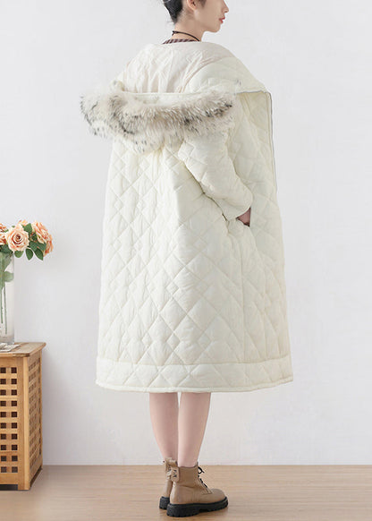 Weißer Pelzkragen Reißverschluss Dicker Parka mit Kapuze Winter
