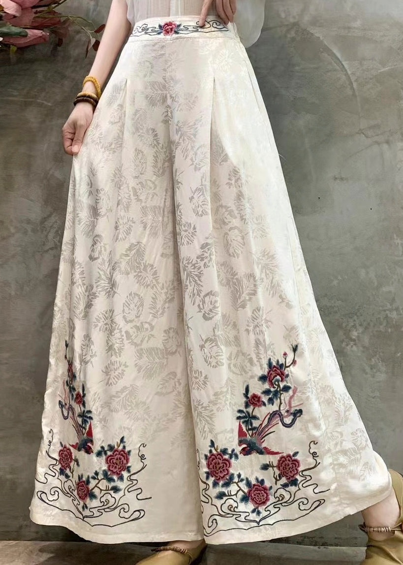 White Jacquard Silk Wide Leg Pants Embroidered Spring
