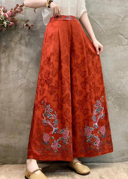 White Jacquard Silk Wide Leg Pants Embroidered Spring