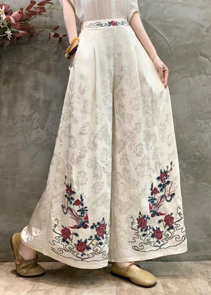 White Jacquard Silk Wide Leg Pants Embroidered Spring