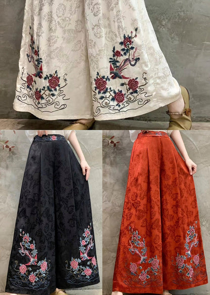 White Jacquard Silk Wide Leg Pants Embroidered Spring