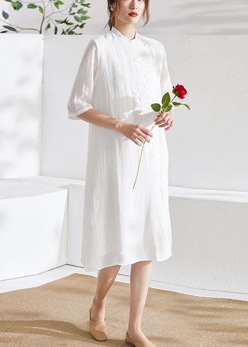 White Mandarin Collar Embroideried A Line Summer Ramie Holiday Dress Half Sleeve - SooLinen