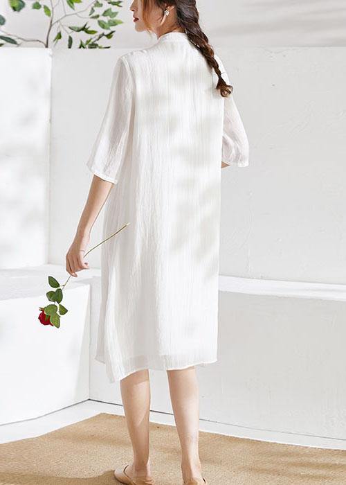 White Mandarin Collar Embroideried A Line Summer Ramie Holiday Dress Half Sleeve - SooLinen