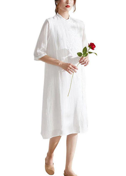 White Mandarin Collar Embroideried A Line Summer Ramie Holiday Dress Half Sleeve - SooLinen