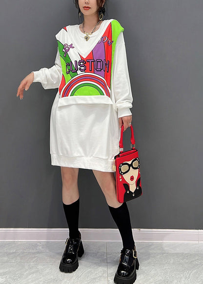 Weißer O-Ausschnitt Print Fake Zweiteiler Baumwolle Mid Kleider Winter