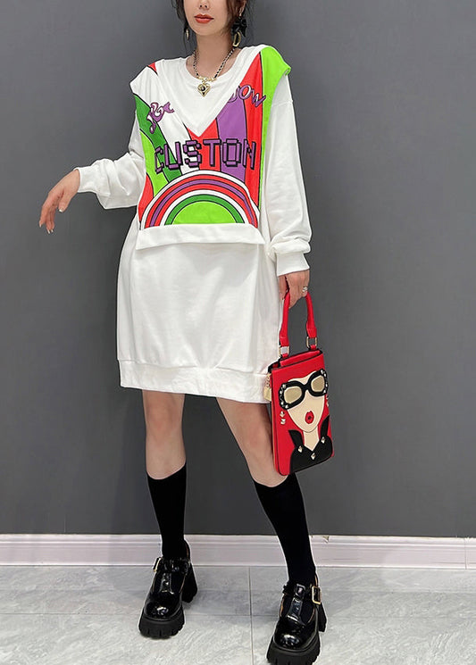 Weißer O-Ausschnitt Print Fake Zweiteiler Baumwolle Mid Kleider Winter