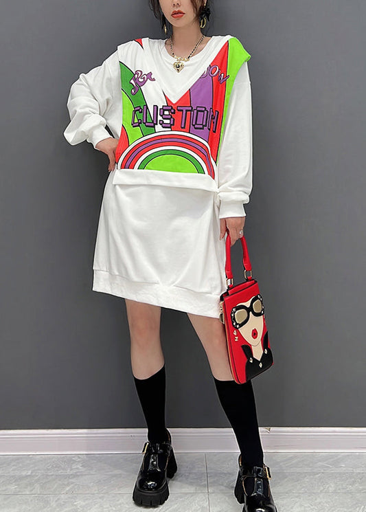 Weißer O-Ausschnitt Print Fake Zweiteiler Baumwolle Mid Kleider Winter