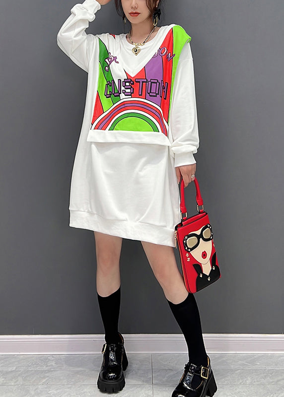 Weißer O-Ausschnitt Print Fake Zweiteiler Baumwolle Mid Kleider Winter