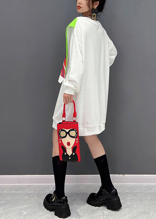 Weißer O-Ausschnitt Print Fake Zweiteiler Baumwolle Mid Kleider Winter