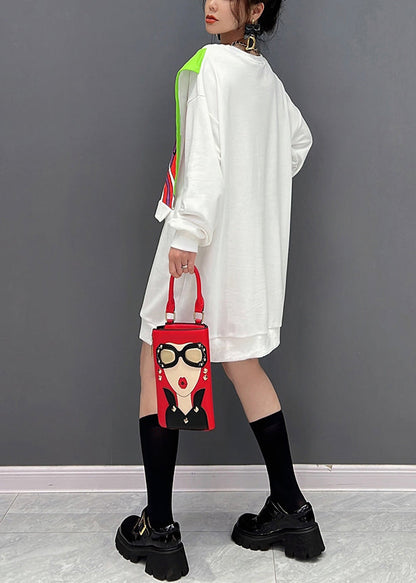 Weißer O-Ausschnitt Print Fake Zweiteiler Baumwolle Mid Kleider Winter