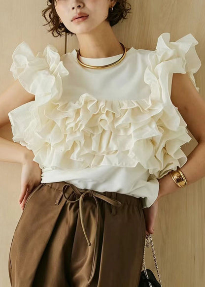 White O-Neck Ruffled Cotton Shirt Tops Sleeveless