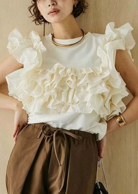 White O-Neck Ruffled Cotton Shirt Tops Sleeveless
