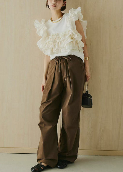 White O-Neck Ruffled Cotton Shirt Tops Sleeveless