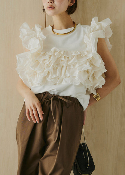 White O-Neck Ruffled Cotton Shirt Tops Sleeveless