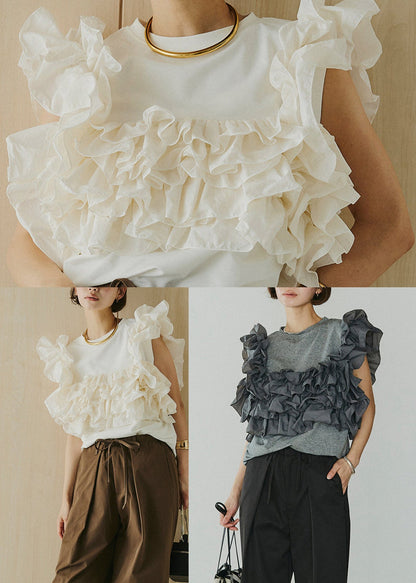 White O-Neck Ruffled Cotton Shirt Tops Sleeveless