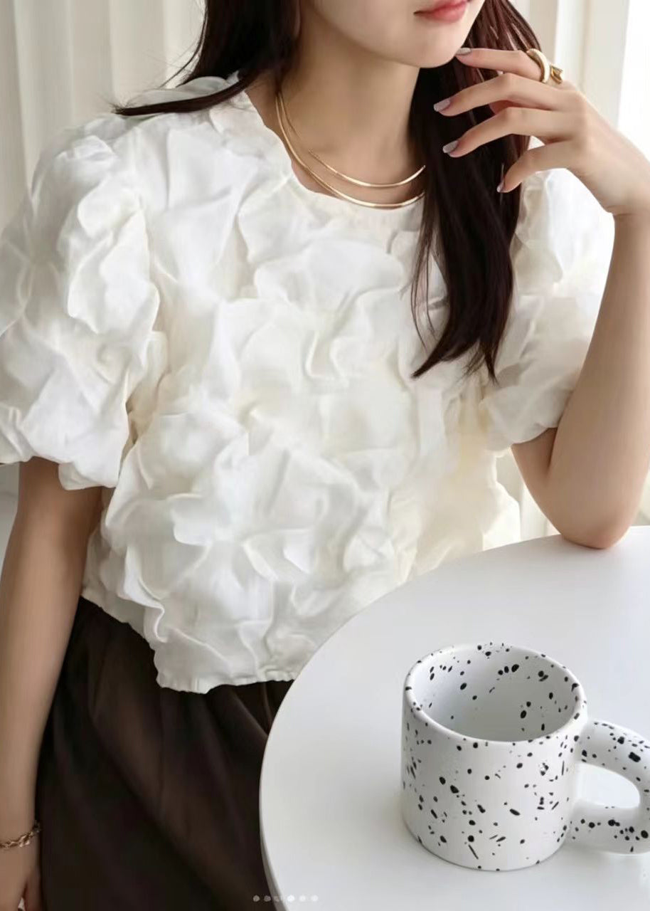 White O-Neck Wrinkled Cotton Shirt Tops Short Sleeve
